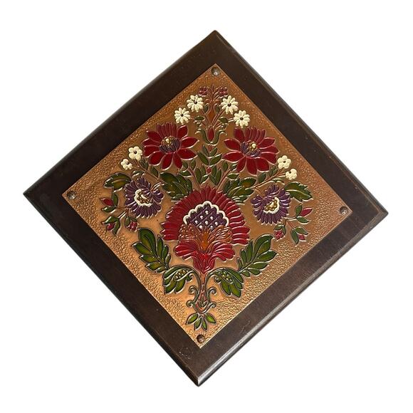 Vtg Enamel on Embossed Copper Flowers on Wood Picture Wall Art Diamond 13 x 13"